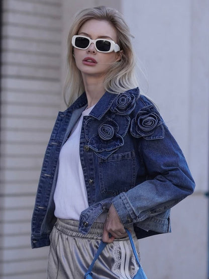 El Yapımı Çiçekli Renk Geçişli Kot Ceket