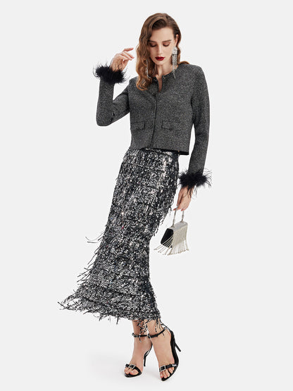 Püsküllü Pullu Midi Etek