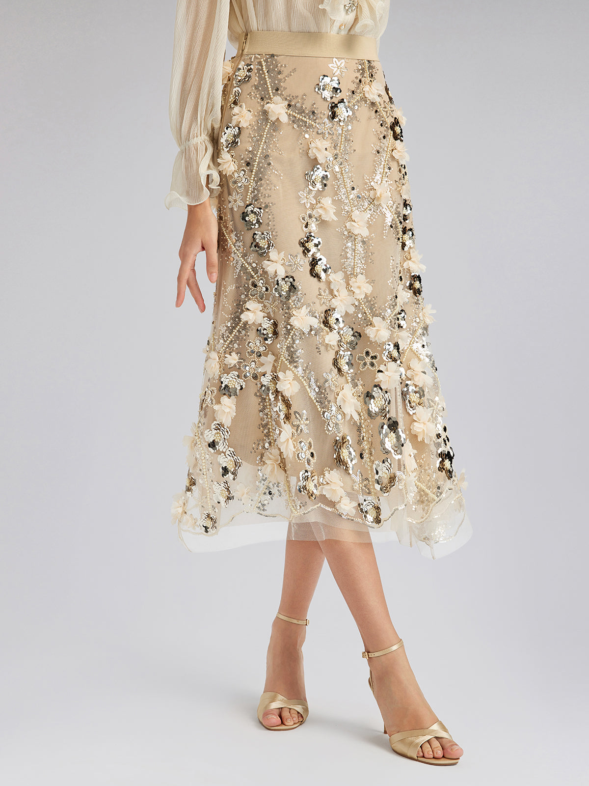 Pullu Çiçek Nakışlı Lastikli Balık Etek