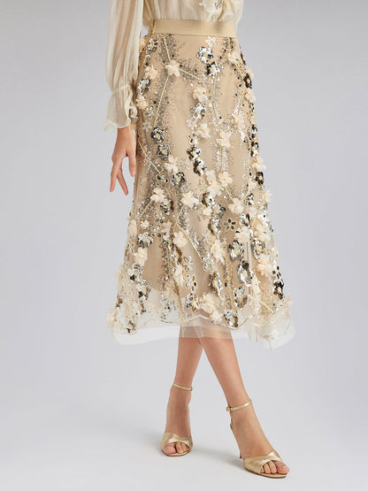 Pullu Çiçek Nakışlı Lastikli Balık Etek