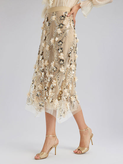 Pullu Çiçek Nakışlı Lastikli Balık Etek