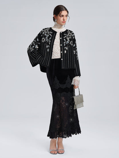 Pullu Dantelli Kadife Parçalı Balık Etek