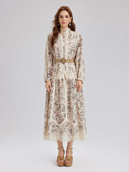 İpek-Keten Bitki Desenli Dantel Etek