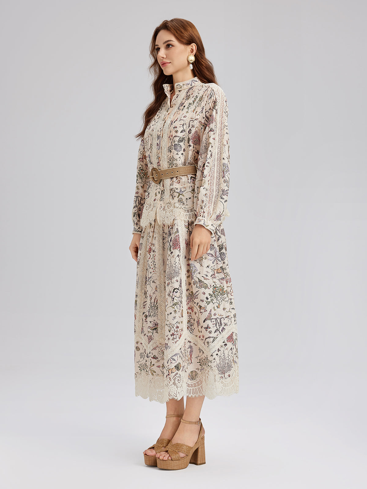 İpek-Keten Bitki Desenli Dantel Etek