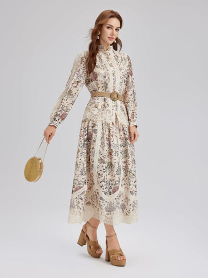 İpek-Keten Bitki Desenli Dantel Etek