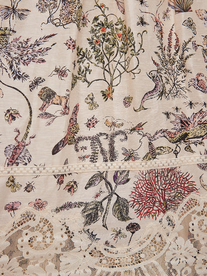 İpek-Keten Bitki Desenli Dantel Etek