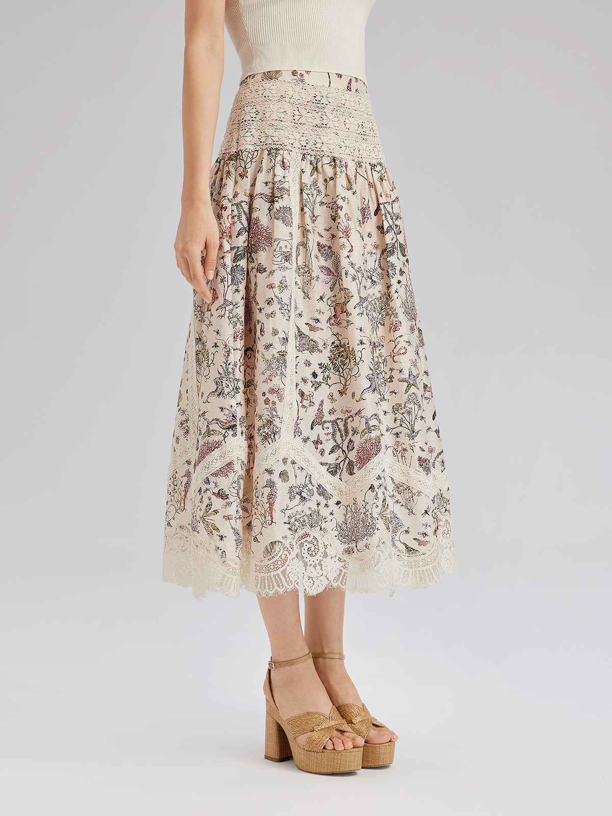 İpek-Keten Bitki Desenli Dantel Etek