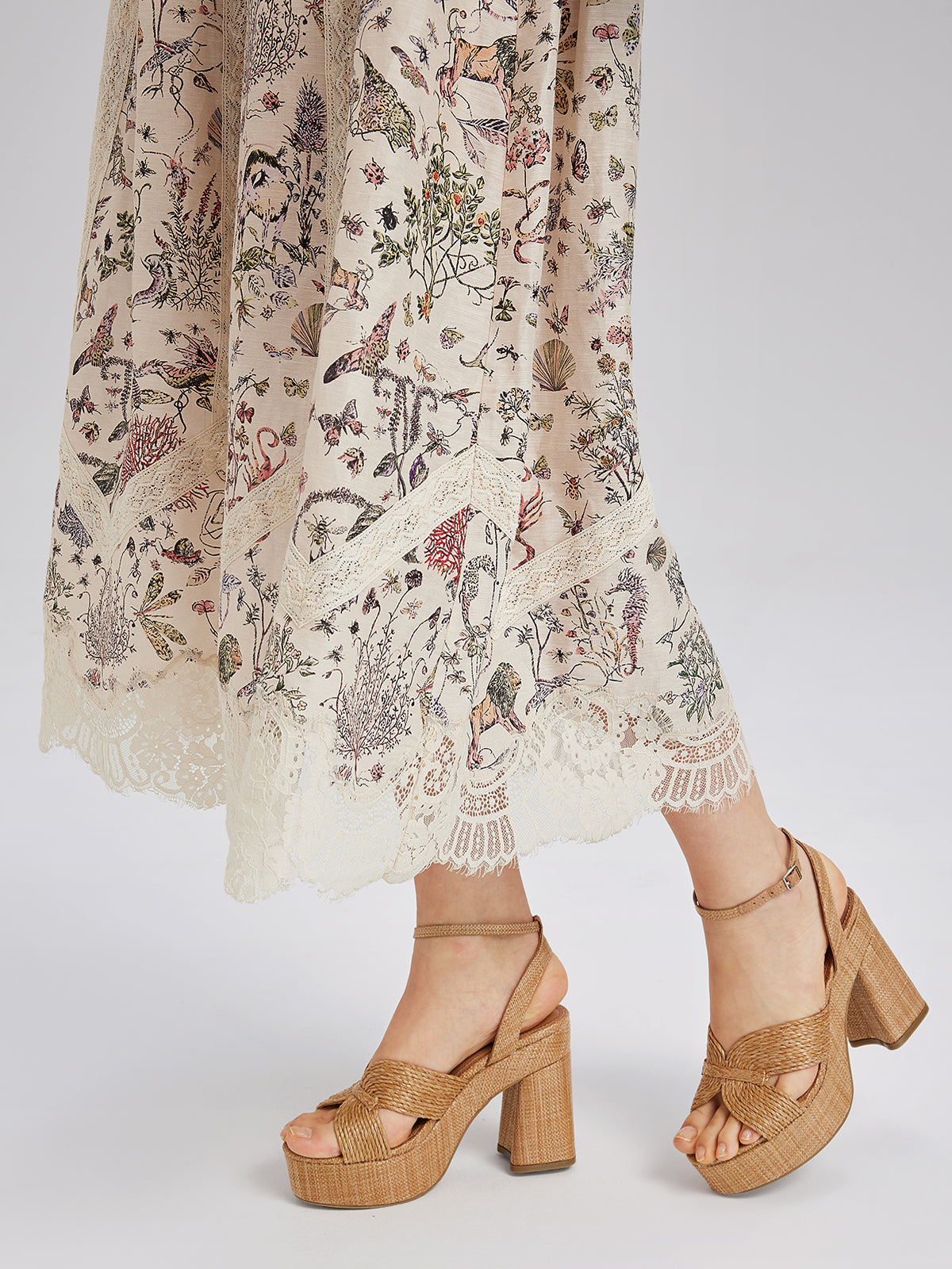 İpek-Keten Bitki Desenli Dantel Etek