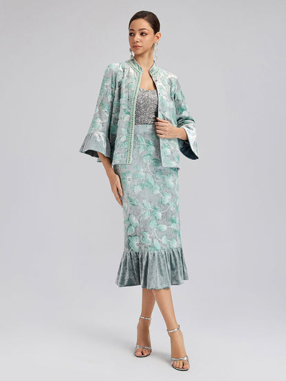 Boncuklu Çiçek Nakışlı Kadife Hakim Yaka Ceket