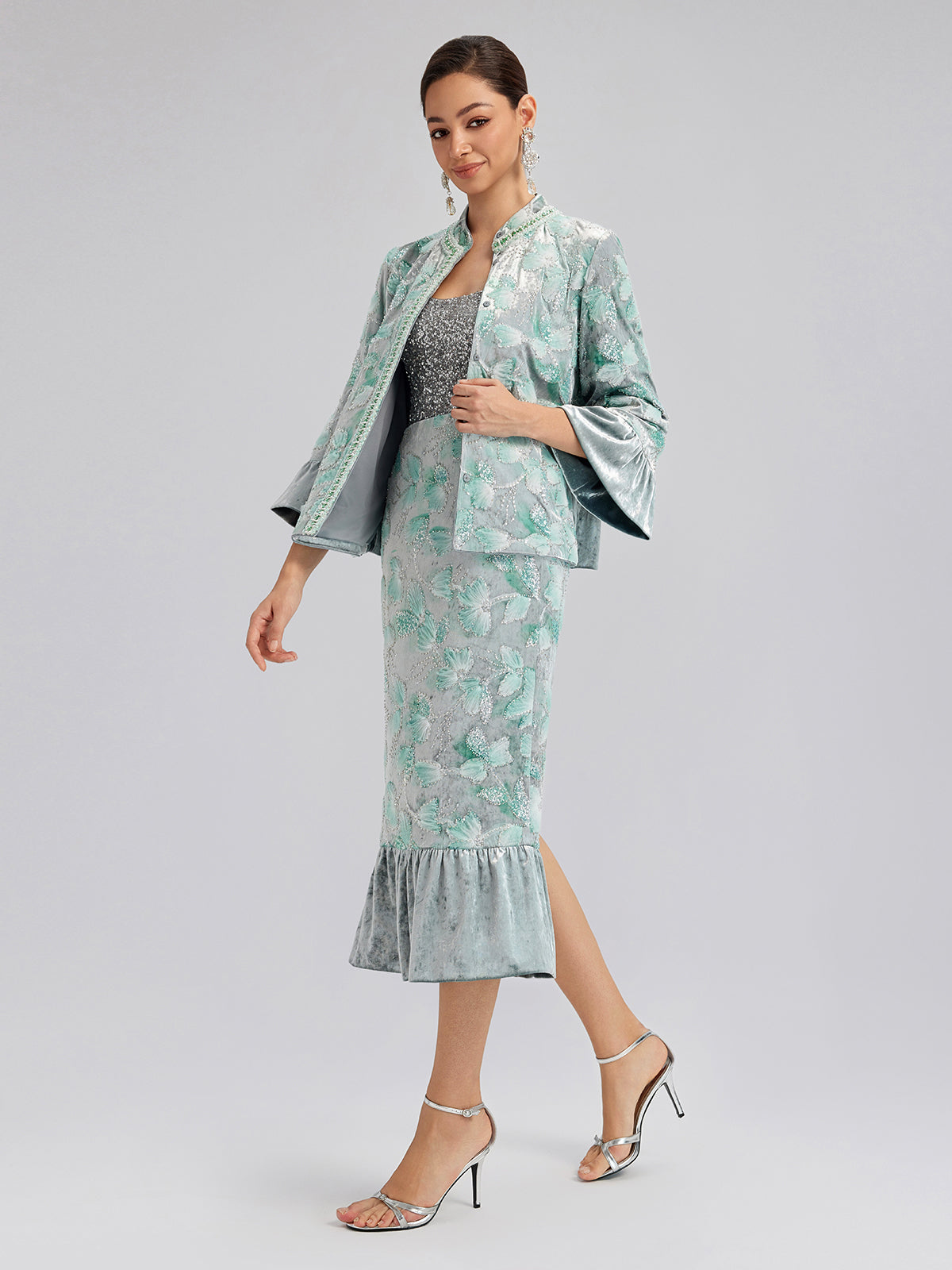 Boncuklu Çiçek Nakışlı Kadife Lale Etek