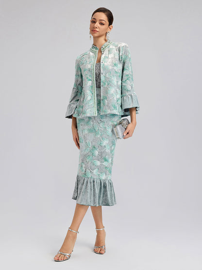 Boncuklu Çiçek Nakışlı Kadife Hakim Yaka Ceket