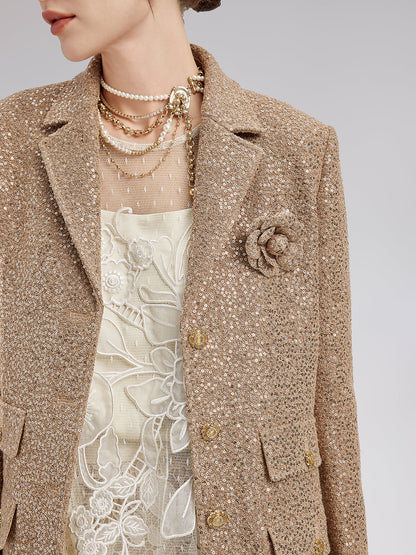 Altın Pullu Kamelya Broşlu Ceket