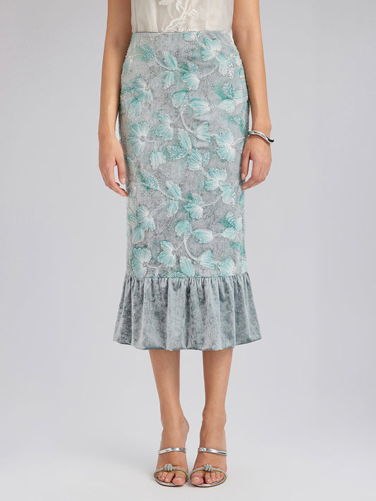 Boncuklu Çiçek Nakışlı Kadife Lale Etek