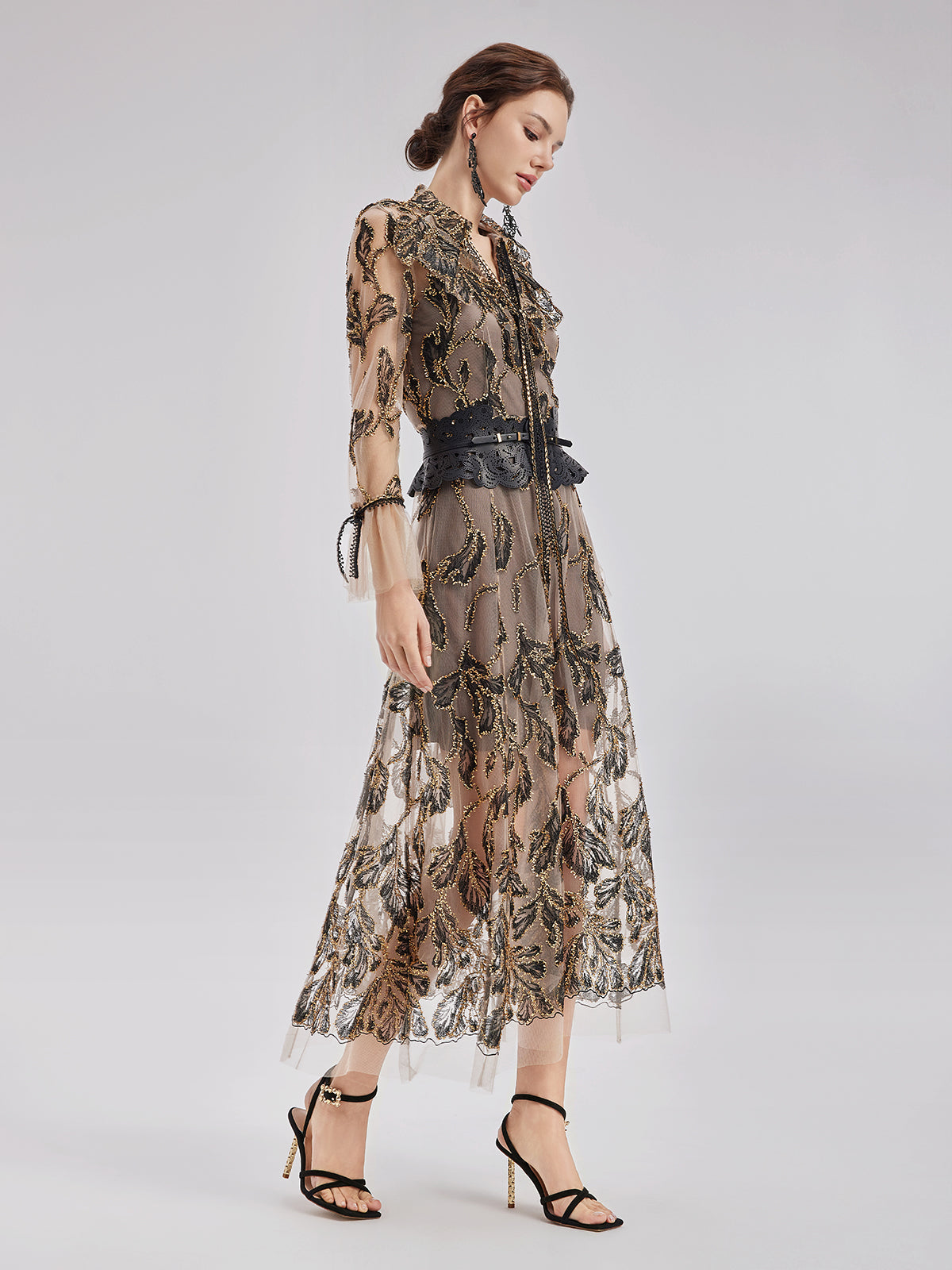 Özel İtalyan Çiçekli Jakar Elbise (Bel Zinciri ile)