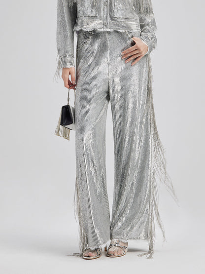 Pullu Dantelli Püsküllü Boncuklu Pantolon