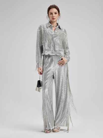 Pullu Dantelli Püsküllü Boncuklu Pantolon