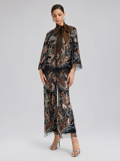 Pullu Sarmaşık Nakışlı Bağlamalı Ceket