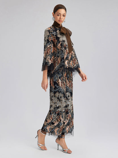 Pullu Sarmaşık Nakışlı Bağlamalı Ceket