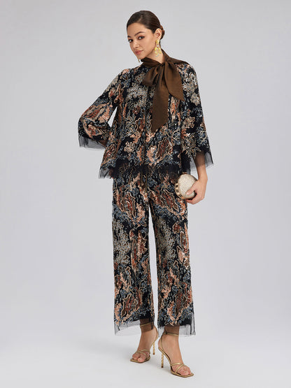 Pullu Sarmaşık Nakışlı Bağlamalı Ceket