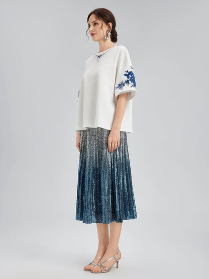 Renk Geçişli Pullu Pileli Midi Etek