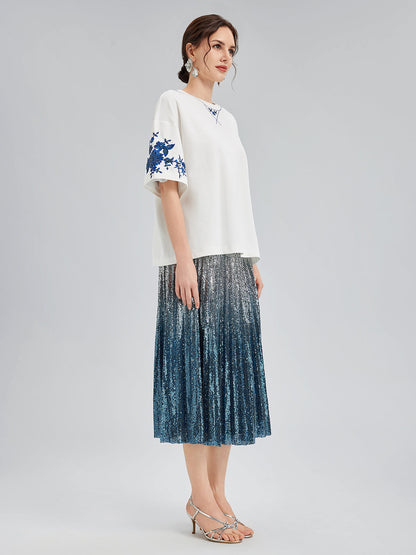 Renk Geçişli Pullu Pileli Midi Etek