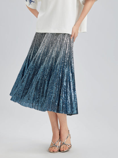 Renk Geçişli Pullu Pileli Midi Etek