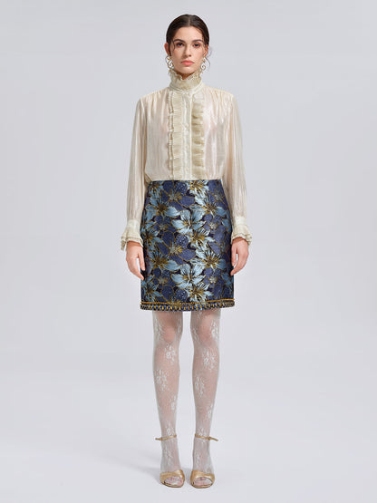 El İşlemesi Taşlı Jakar Mini Etek