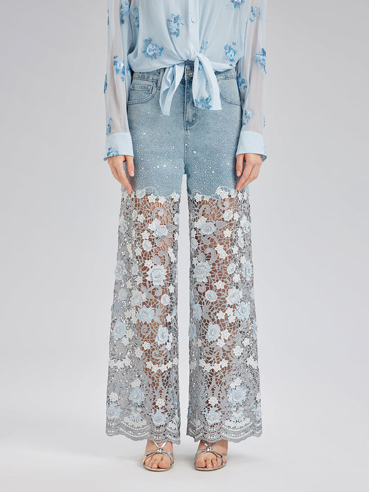 Şık Taşlı Dantelli Kot Pantolon