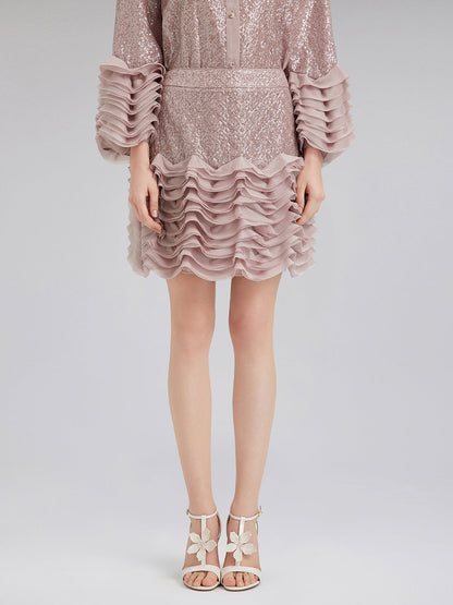 Lüks Fırfırlı Pullu Pileli Mini Etek