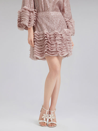 Lüks Fırfırlı Pullu Pileli Mini Etek