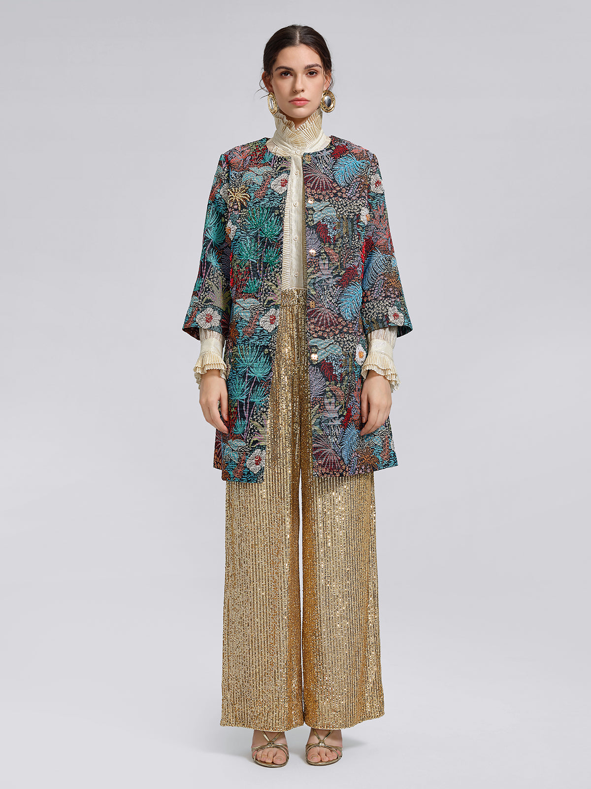 El Yapımı Çok Çiçekli Jakar Boncuklu Ceket