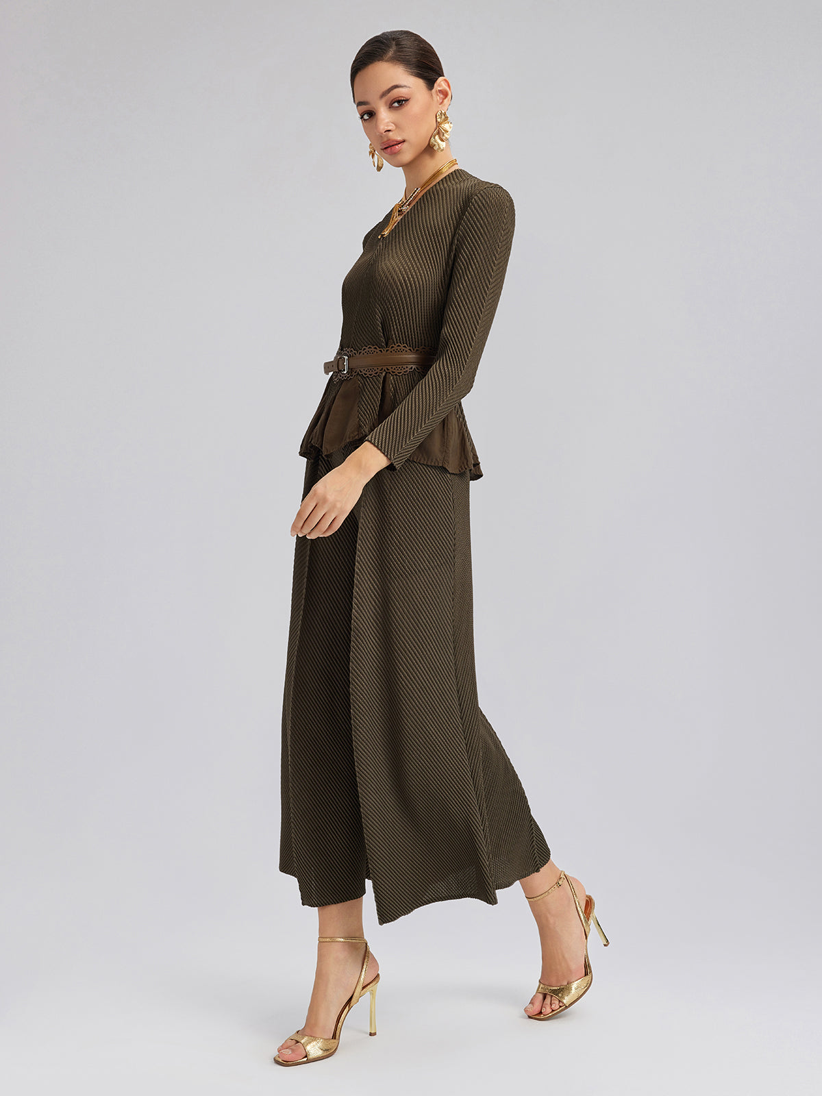 Pileli Dokulu Beli Lastikli Bol Pantolon