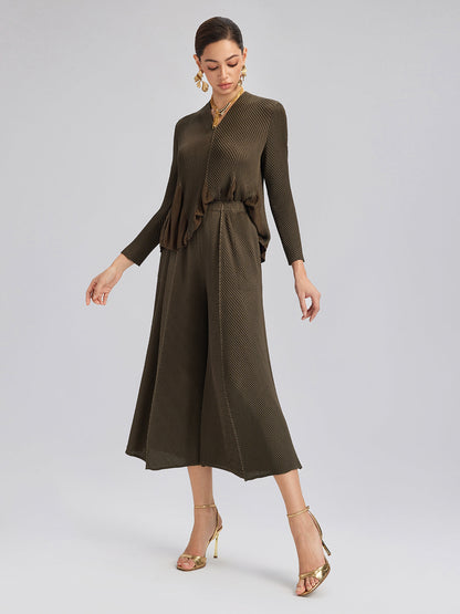 Pileli Dokulu Beli Lastikli Bol Pantolon