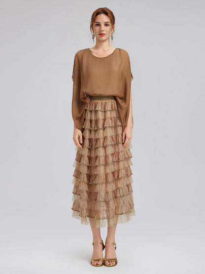 Boncuklu Katlı Tül Beli Lastikli Etek