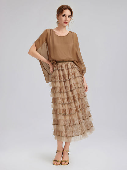 Boncuklu Katlı Tül Beli Lastikli Etek