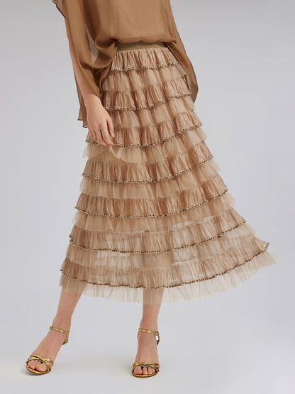 Boncuklu Katlı Tül Beli Lastikli Etek