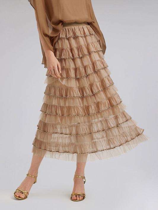 Boncuklu Katlı Tül Beli Lastikli Etek