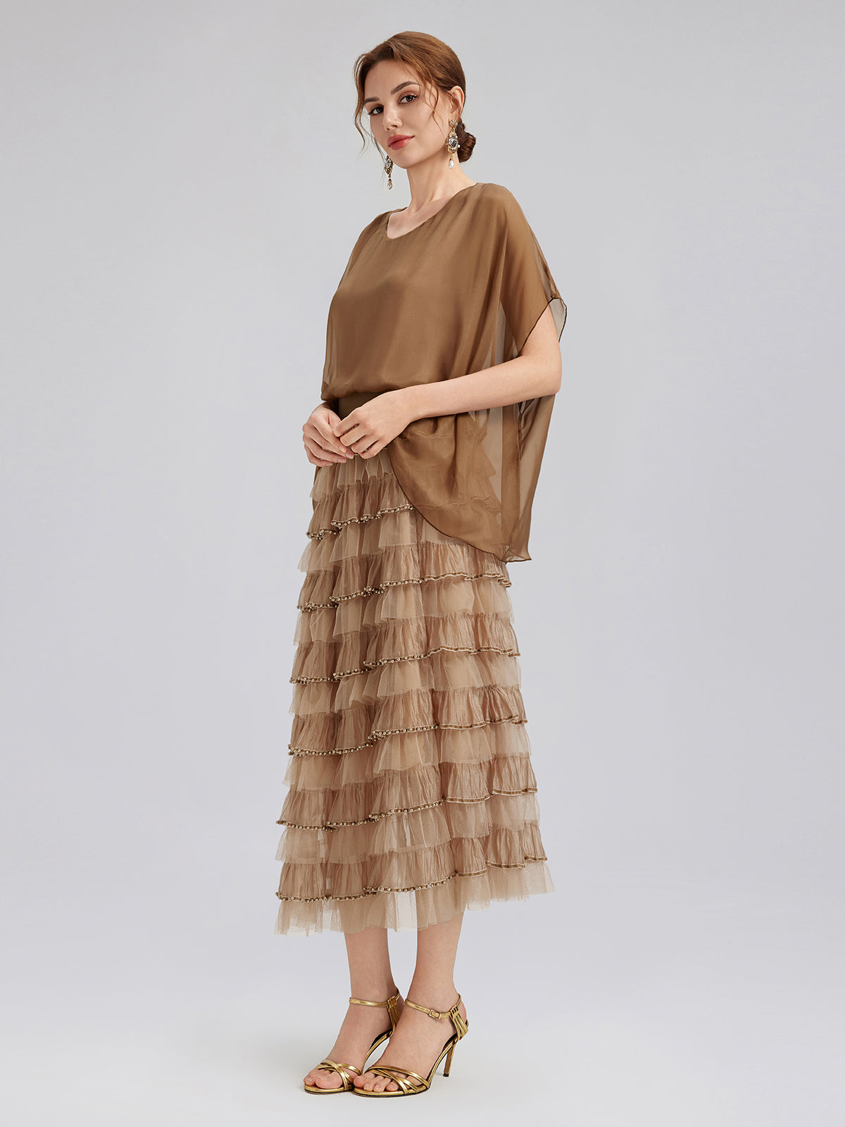 Boncuklu Katlı Tül Beli Lastikli Etek