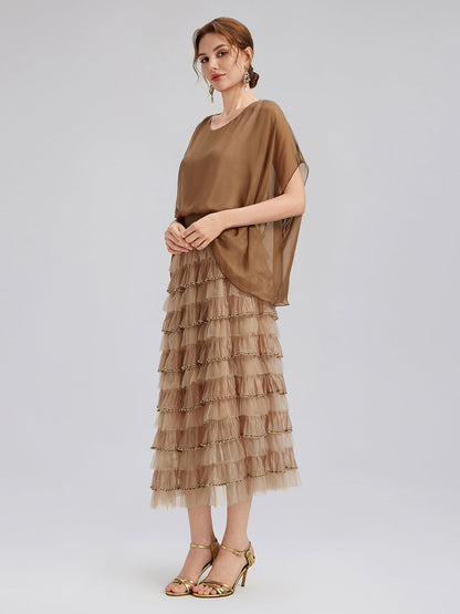 Boncuklu Katlı Tül Beli Lastikli Etek