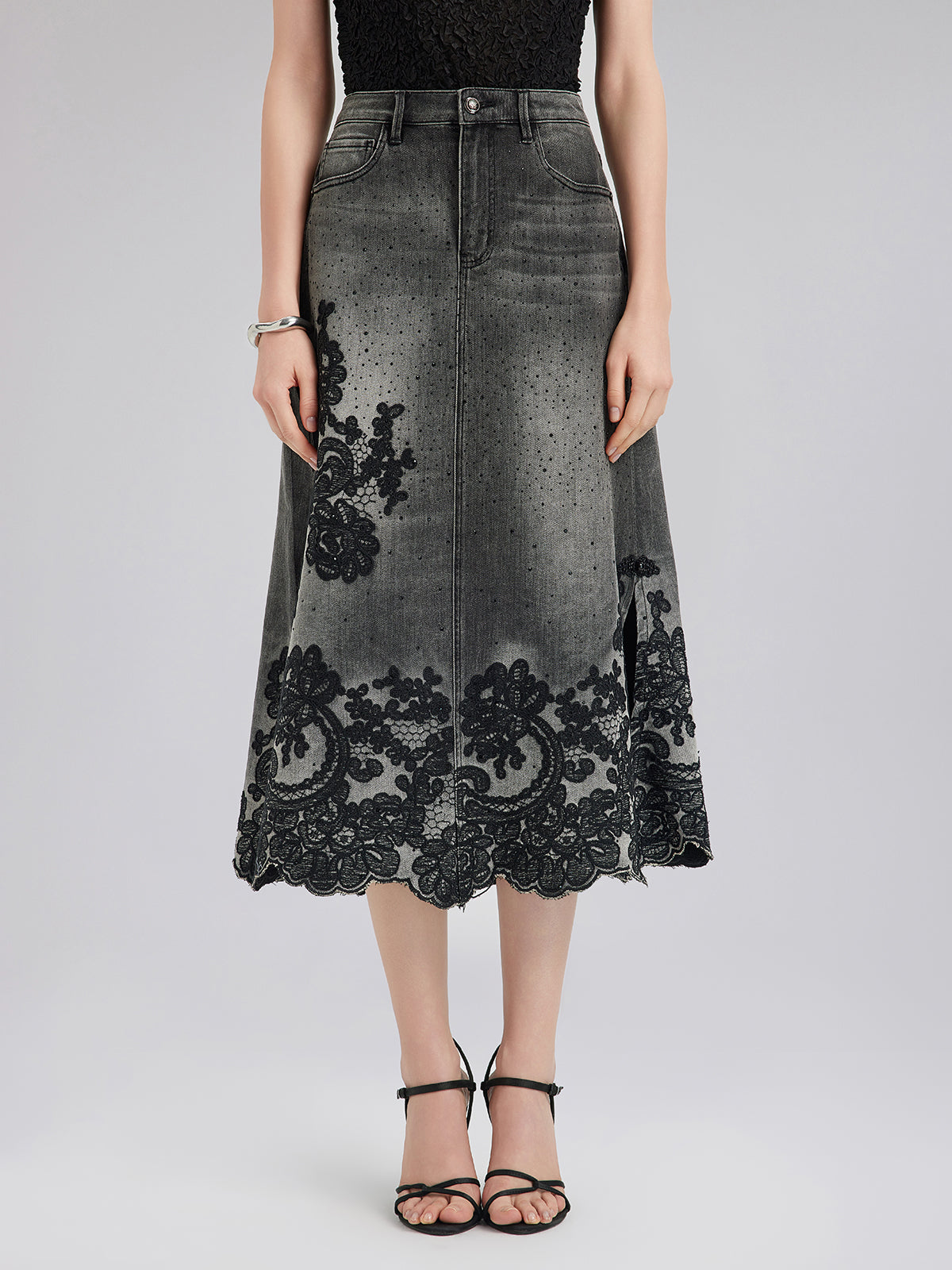 Yeni Nakışlı Taşlı Kot Etek