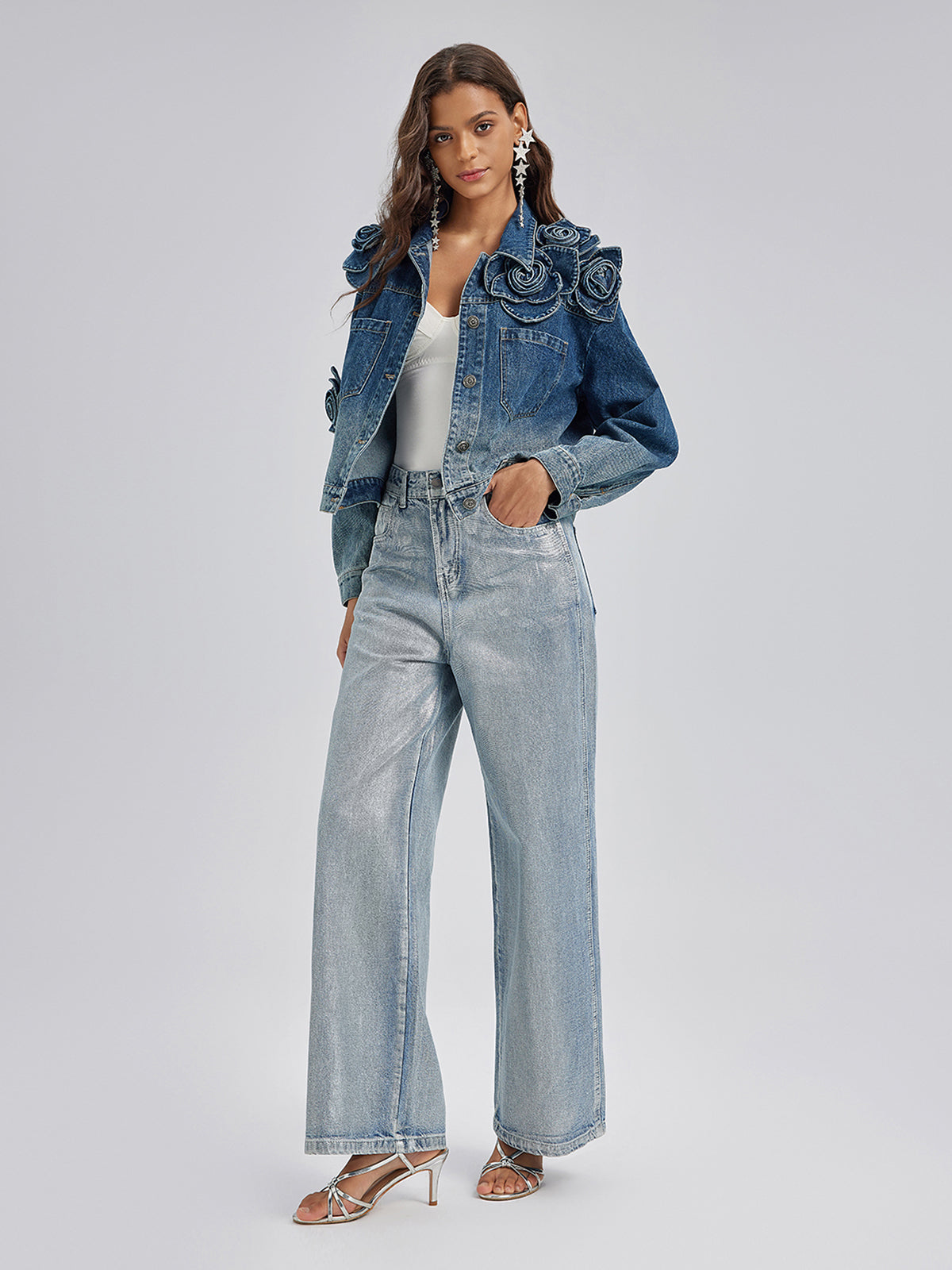 El Yapımı Çiçekli Renk Geçişli Kot Ceket