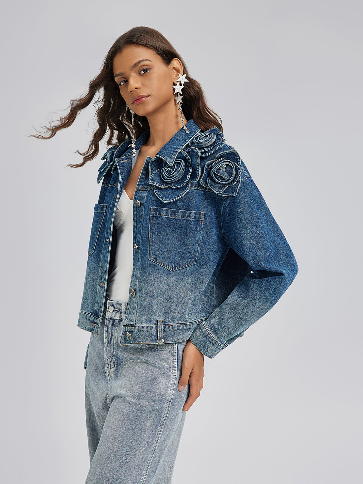 El Yapımı Çiçekli Renk Geçişli Kot Ceket