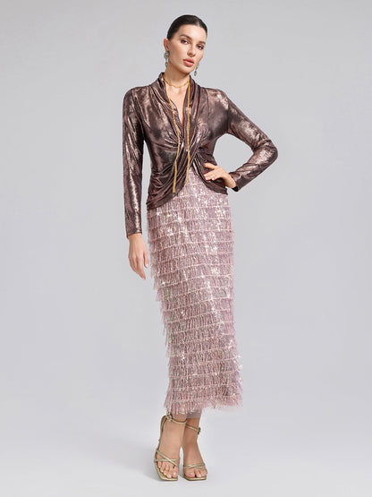 Arkası Yırtmaçlı Pullu Püsküllü Etek