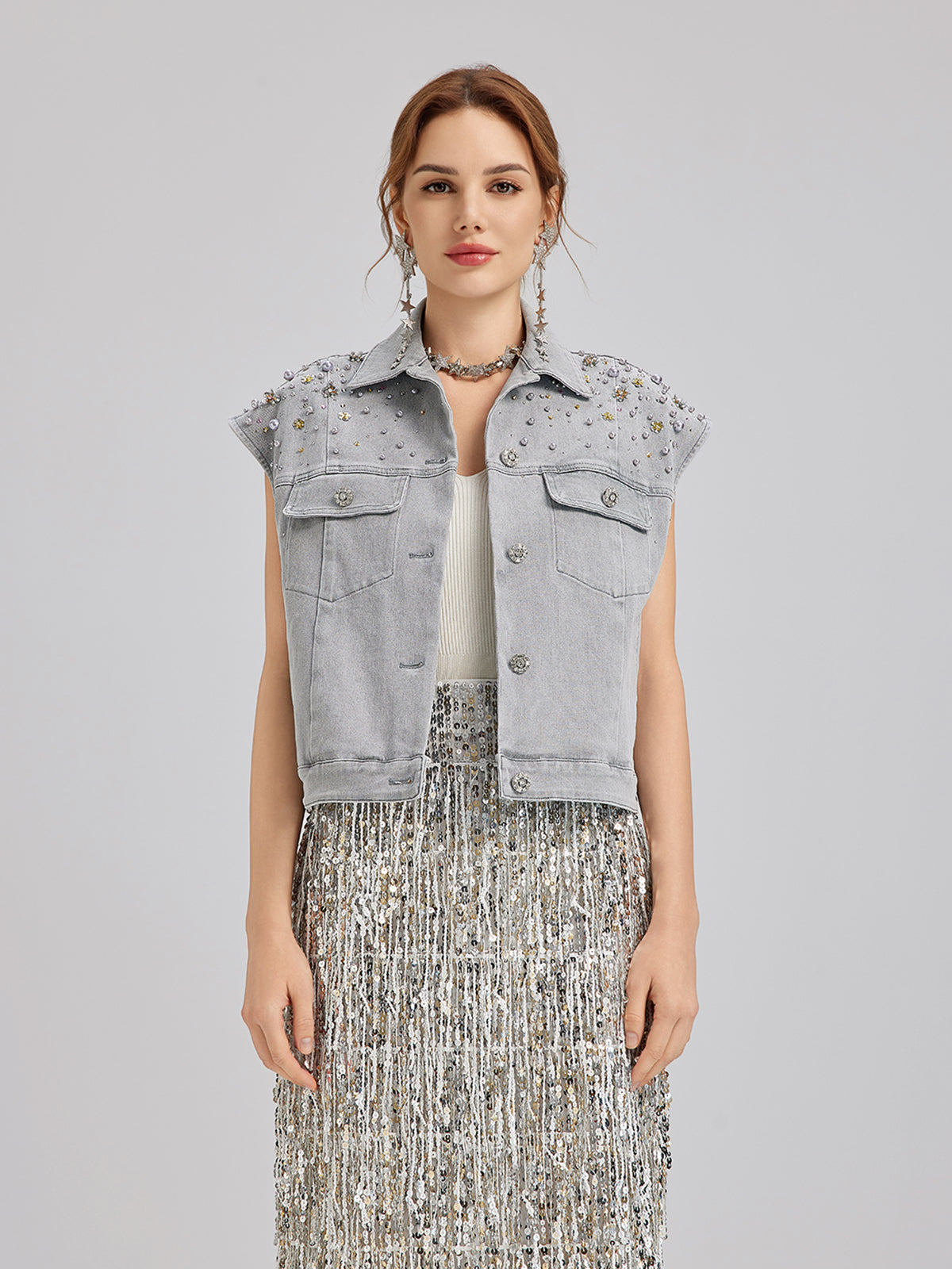 El İşlemeli Boncuklu Yumuşak Kot Yelek