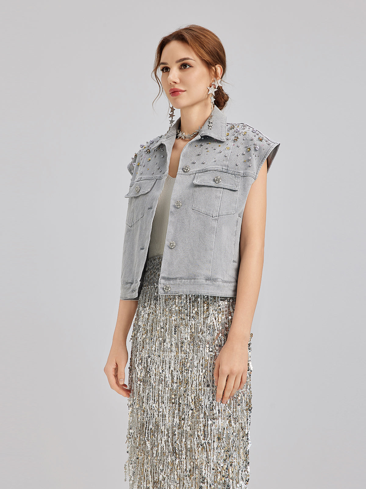 El İşlemeli Boncuklu Yumuşak Kot Yelek