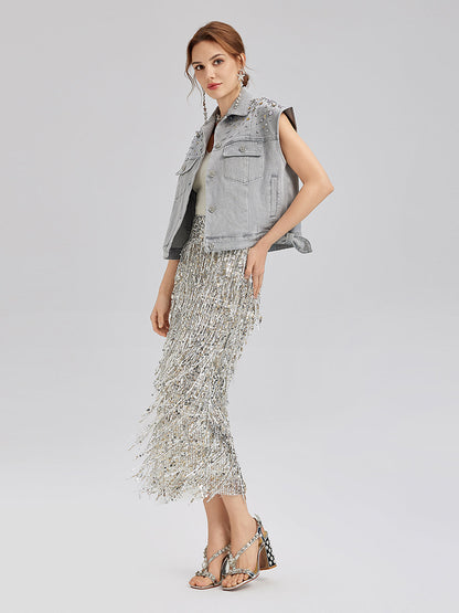 El İşlemeli Boncuklu Yumuşak Kot Yelek