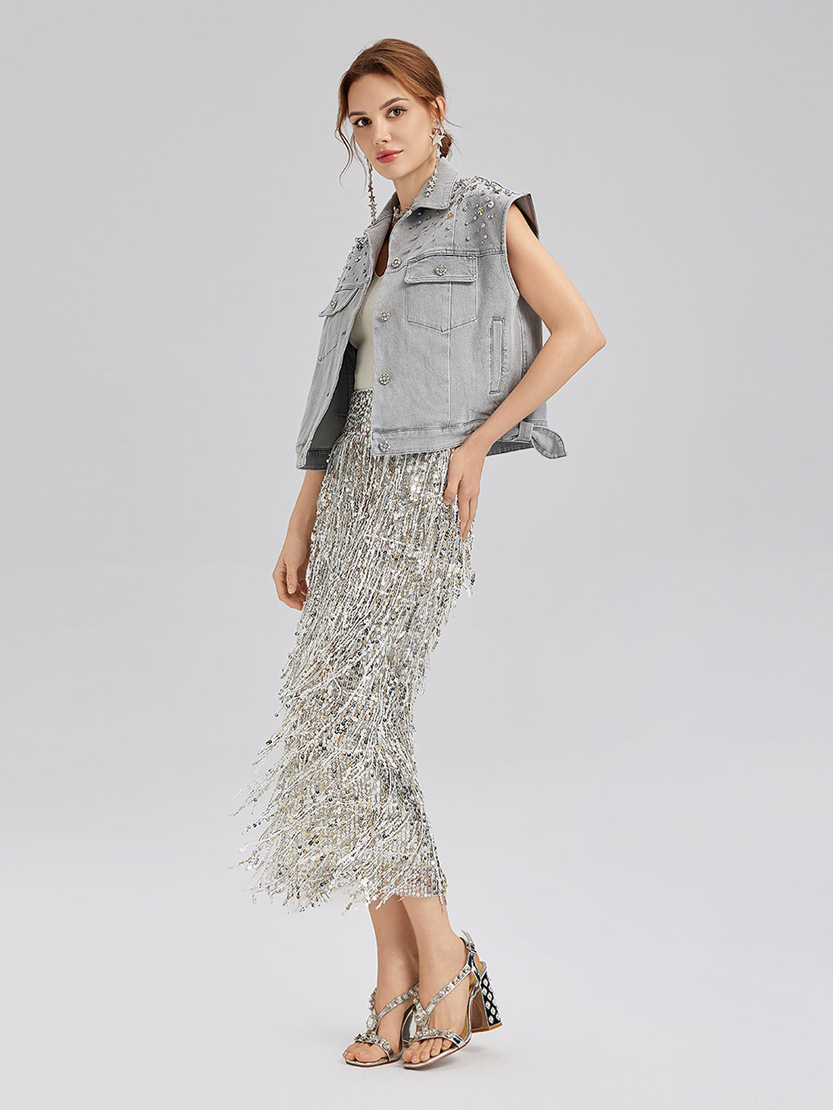 Püsküllü Pullu Midi Etek