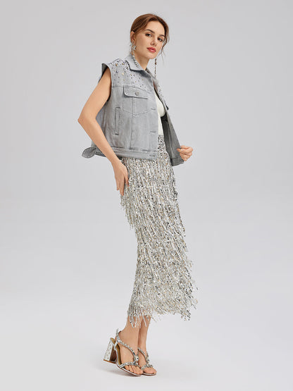 El İşlemeli Boncuklu Yumuşak Kot Yelek