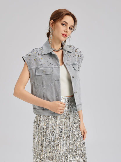 El İşlemeli Boncuklu Yumuşak Kot Yelek