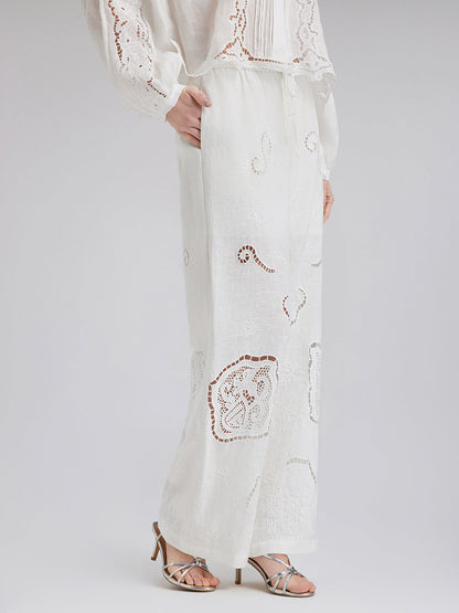 Keten Nakışlı Delikli Tatil Pantolonu